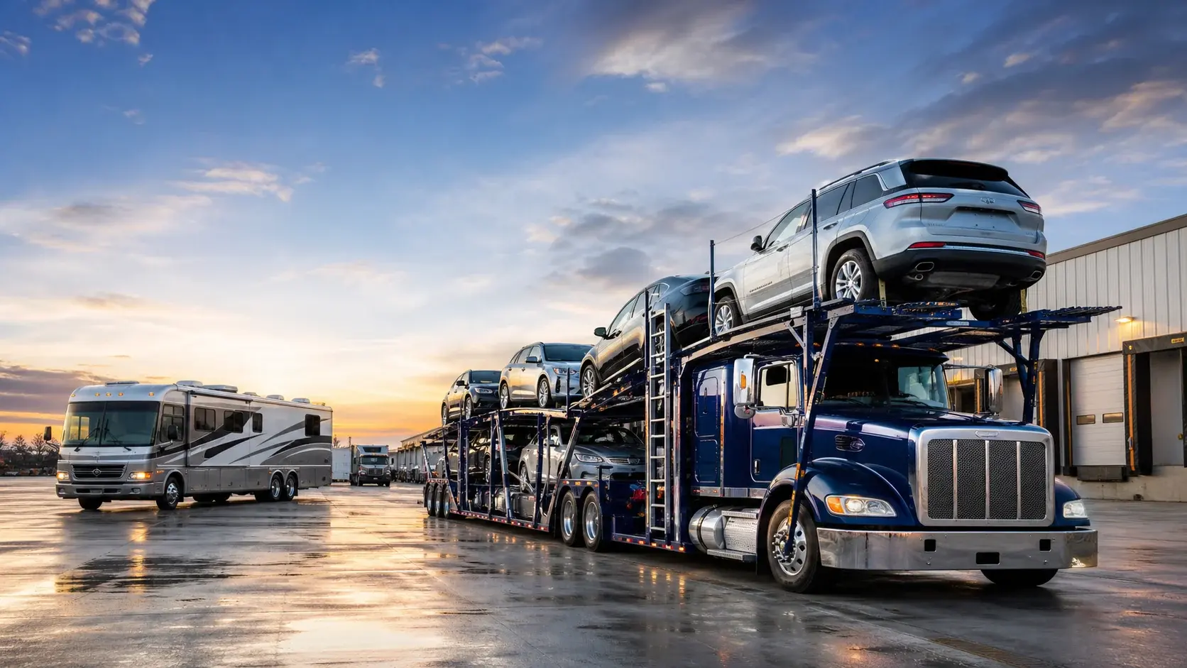 A DNL car carrier loaded with vehicles beside a motorhome at a logistics yard